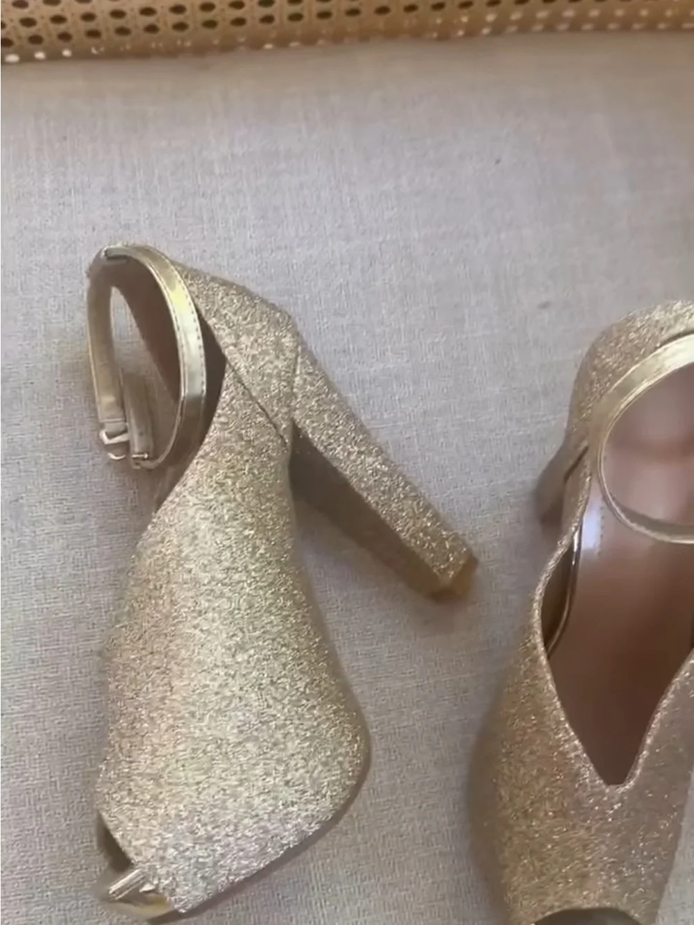 Gold Glitter Peep-Toe Block Heel Sandals with Ankle Strap